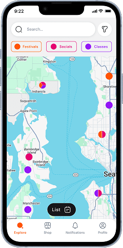 Mobile app screen showing an interactive map with dance events, including festivals, socials, and classes near Seattle to help you discover social dance events near you.