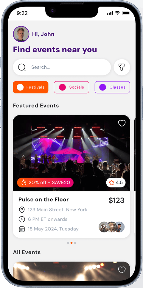 Mobile app interface displaying nearby featured dance events with filters for festivals, socials, and classes, featuring a discounted event listing with location, time, and reviews.