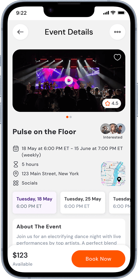 Event details screen in the MASHlife app showing “Pulse on the Floor” dance social, including description, date, time, location, pricing, and booking button.