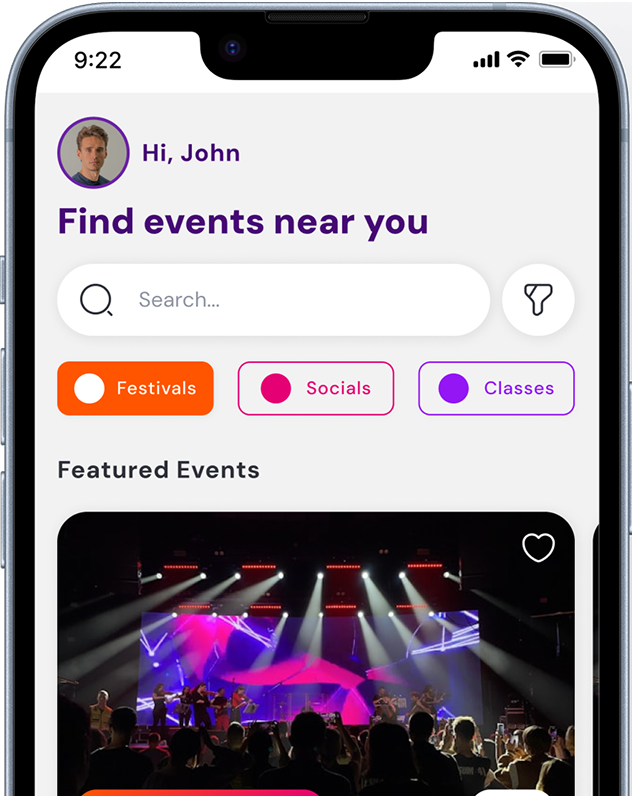 Screenshot of the MASHlife app home screen for discovering nearby dance events, with filters for festivals, socials, and classes.