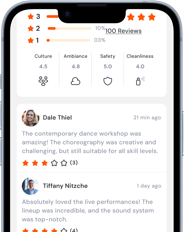 MASHlife app screen showing transparent user reviews of dance events with safety and ambiance ratings.