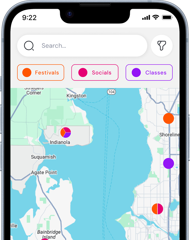 Map view inside the MASHlife app highlighting local dance events categorized by type: festivals, socials, and classes.
